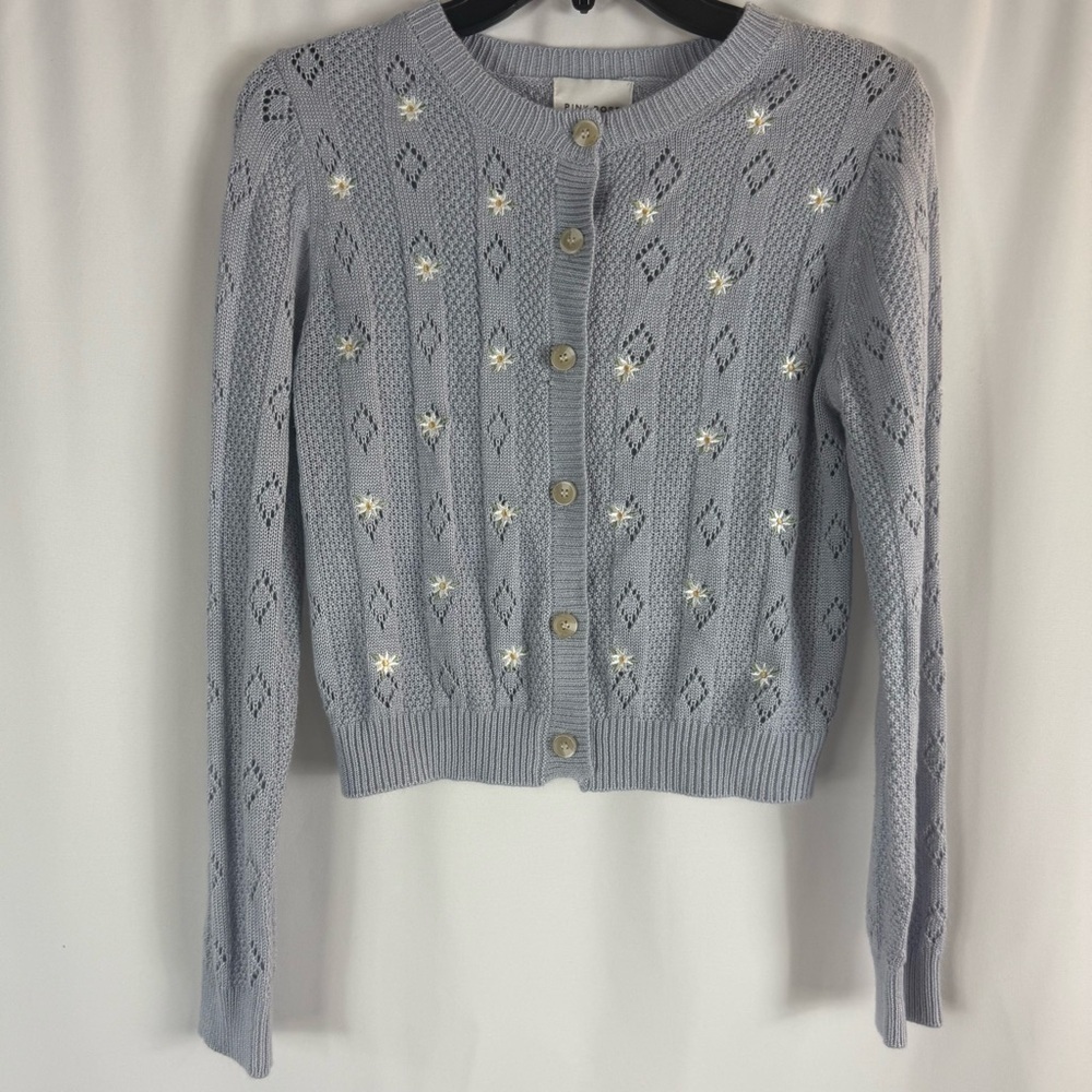 Pink Rose Cardigan Tank sweater baby blue Floral Summer Spring Women size:L - Picture 1 of 14